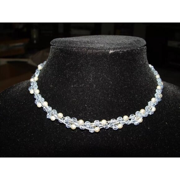 Seasonal Whispers Signed Light Blue Faux Pearl Crystal Beaded Choker Necklace - Picture 4 of 4